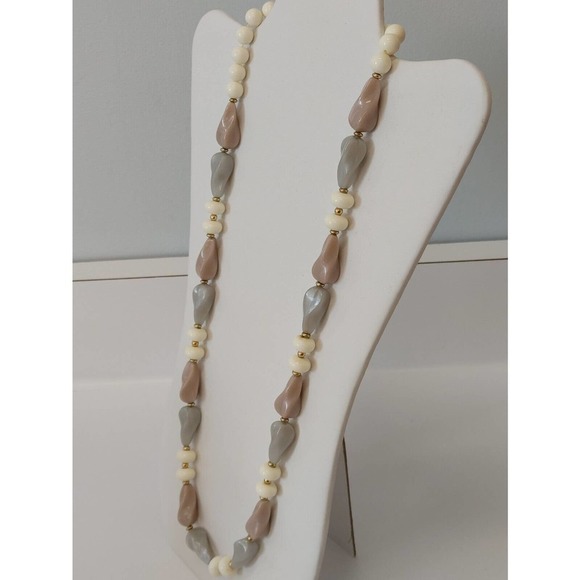 Vintage Beaded Necklace Gray Mauve White Gold 30" - Picture 2 of 3